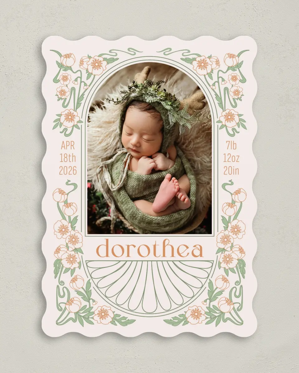 This is a 5" x 7" Birth Announcement Card called Whimsical Dreams printed in full color on Premium Smooth paper