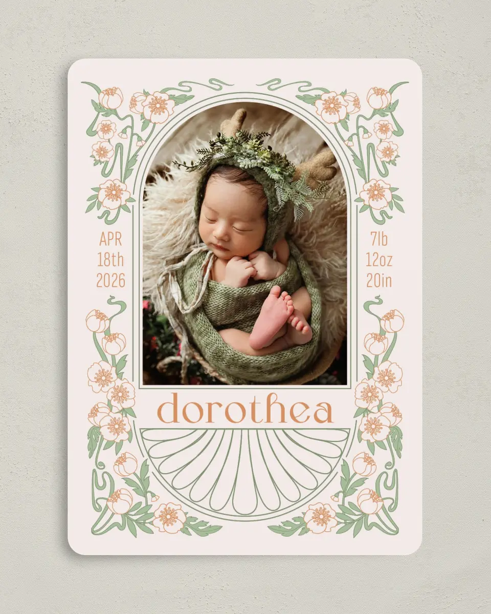 This is a 5" x 7" Birth Announcement Card called Whimsical Dreams printed in full color with Silver foil on Luxe Satin (coated) paper