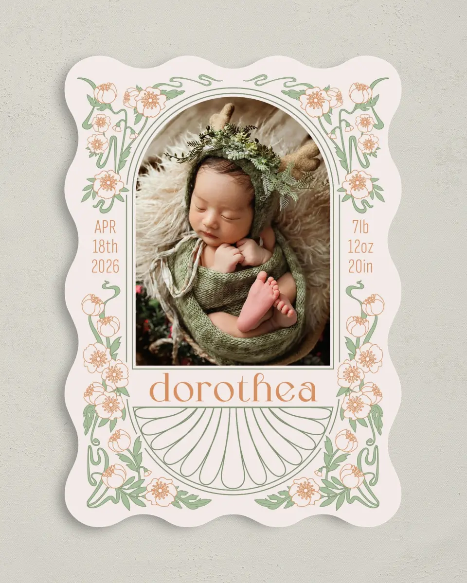 This is a 5" x 7" Birth Announcement Card called Whimsical Dreams printed in full color on Premium Smooth paper