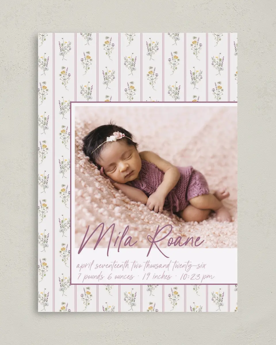 This is a 5" x 7" Birth Announcement Card called Lovely Mauve Vintage printed in full color on Premium Smooth paper