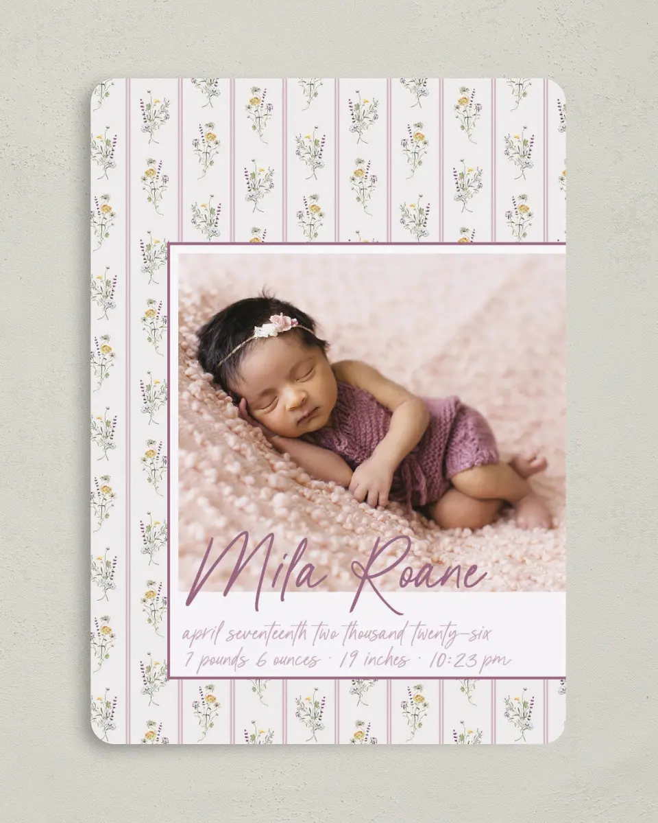 This is a 5" x 7" Birth Announcement Card called Lovely Mauve Vintage printed in full color on Premium Smooth paper