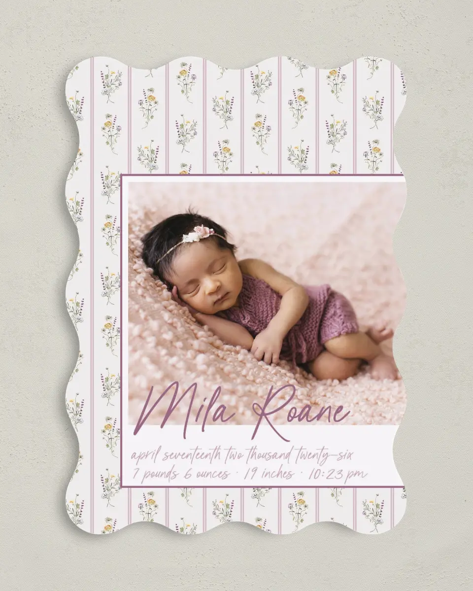 This is a 5" x 7" Birth Announcement Card called Lovely Mauve Vintage printed in full color on Premium Smooth paper