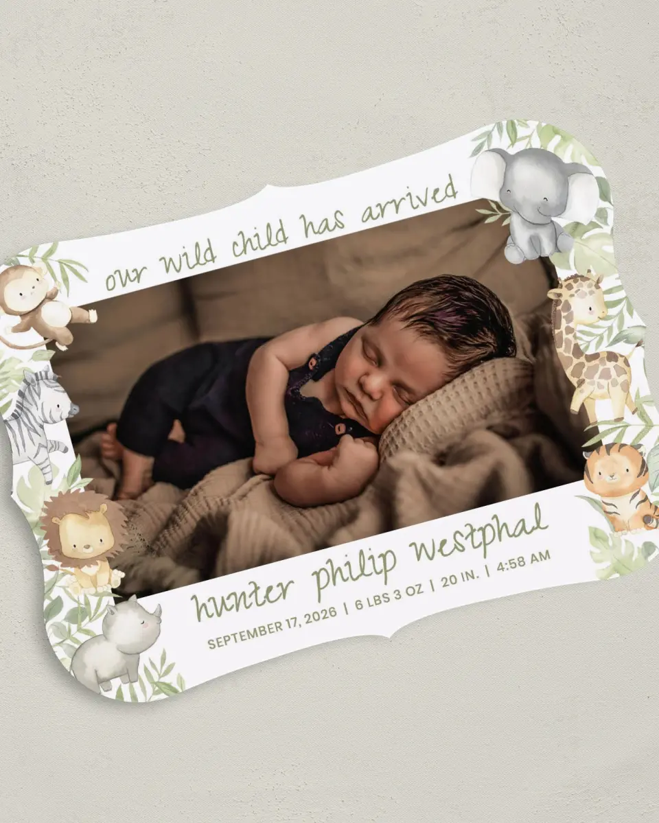 This is a 5" x 7" Birth Announcement Card called Wild Child printed in full color on Premium Smooth paper
