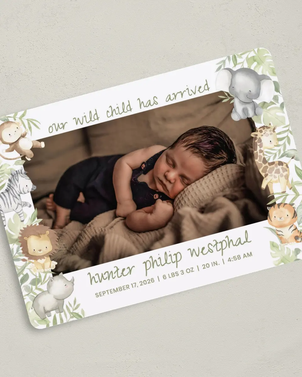 This is a 5" x 7" Birth Announcement Card called Wild Child printed in full color with Silver foil on Luxe Satin (coated) paper