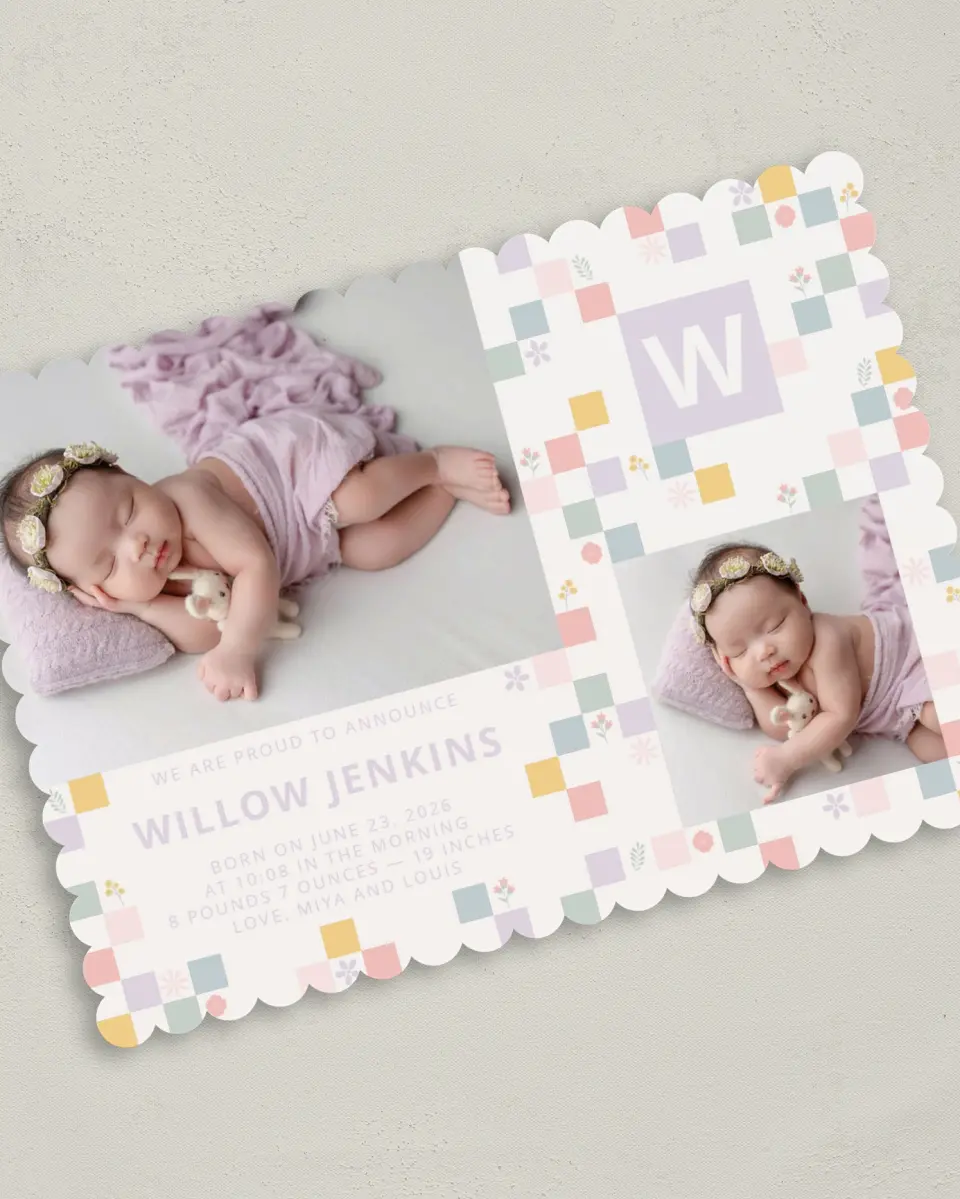 This is a 5" x 7" Birth Announcement Card called Cheeky & Checkered printed in full color on Premium Smooth paper