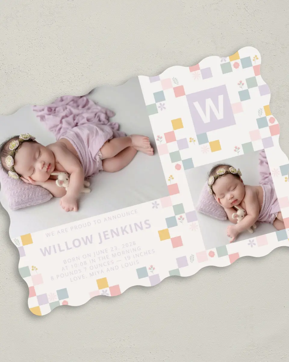 This is a 5" x 7" Birth Announcement Card called Cheeky & Checkered printed in full color on Premium Smooth paper
