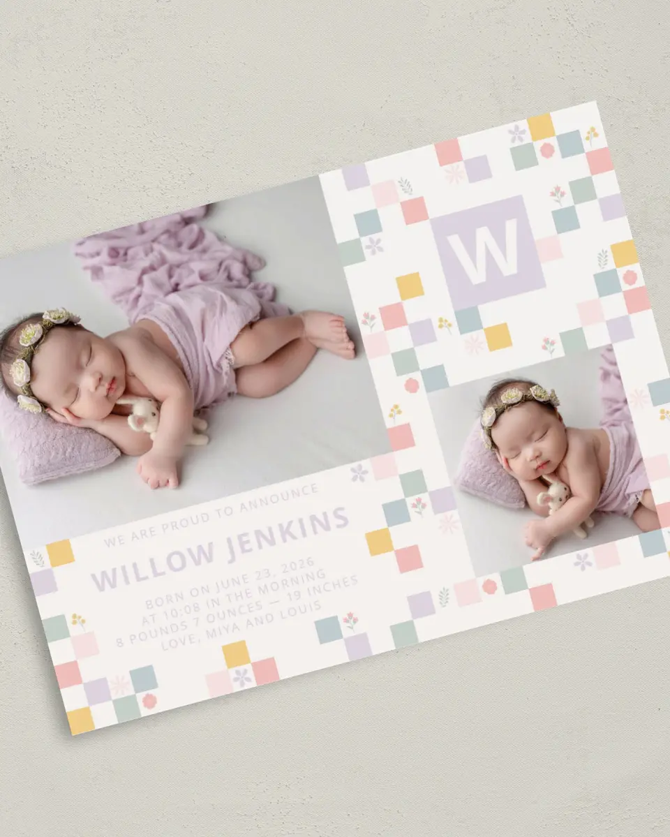 This is a 5" x 7" Birth Announcement Card called Cheeky & Checkered printed in full color on Premium Smooth paper