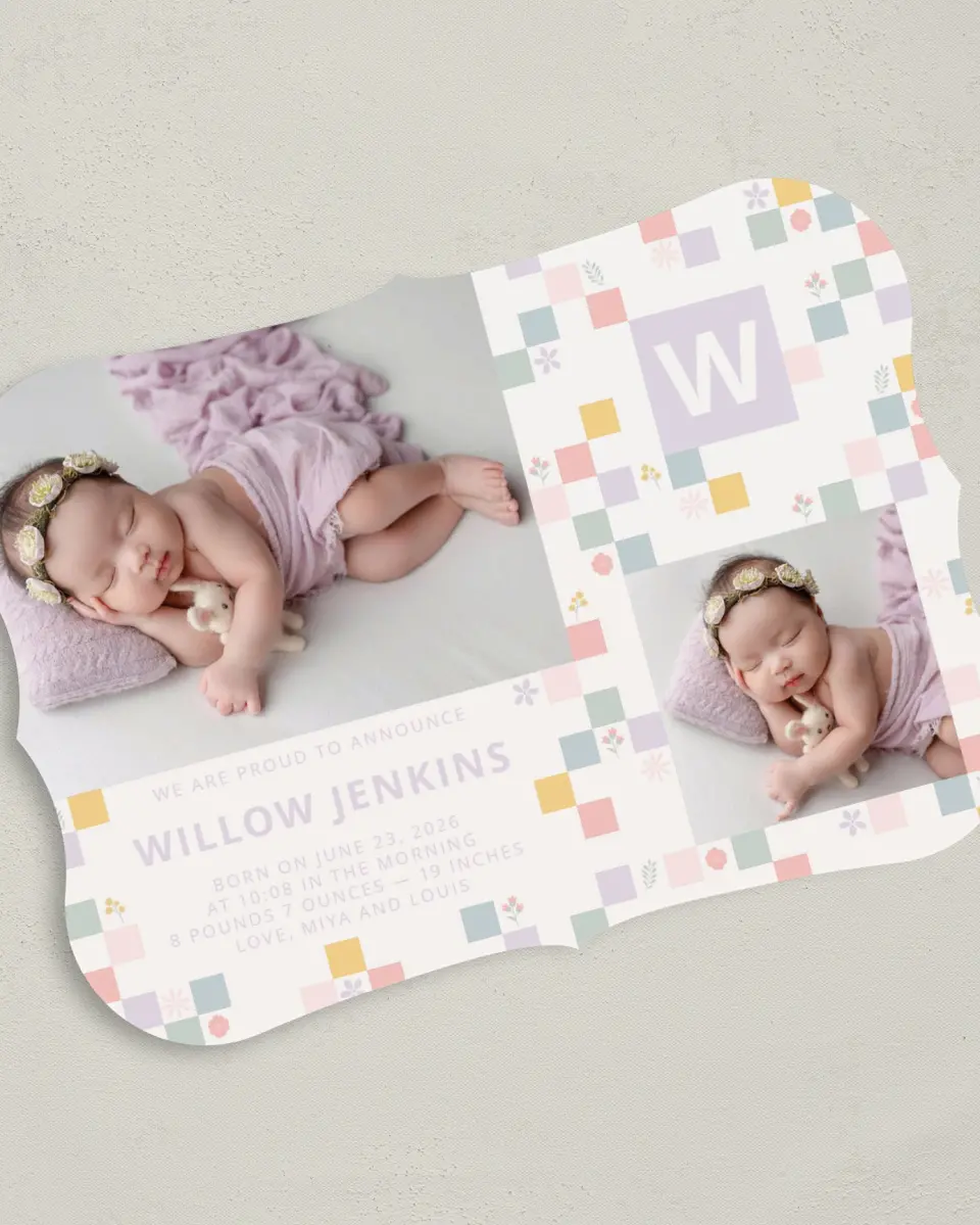 This is a 5" x 7" Birth Announcement Card called Cheeky & Checkered printed in full color with Gold foil on Luxe Satin (coated) paper