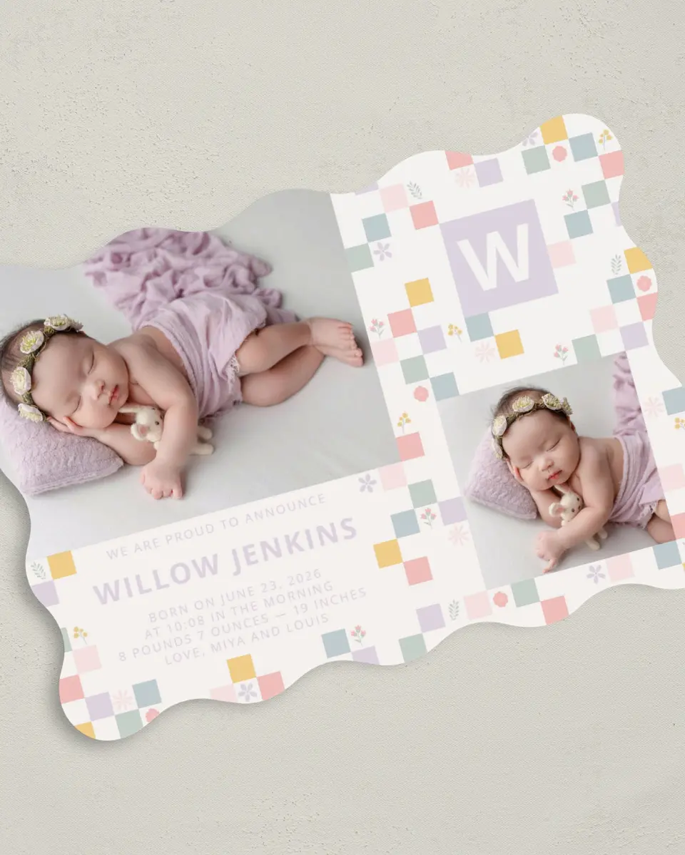 This is a 5" x 7" Birth Announcement Card called Cheeky & Checkered printed in full color on Premium Smooth paper