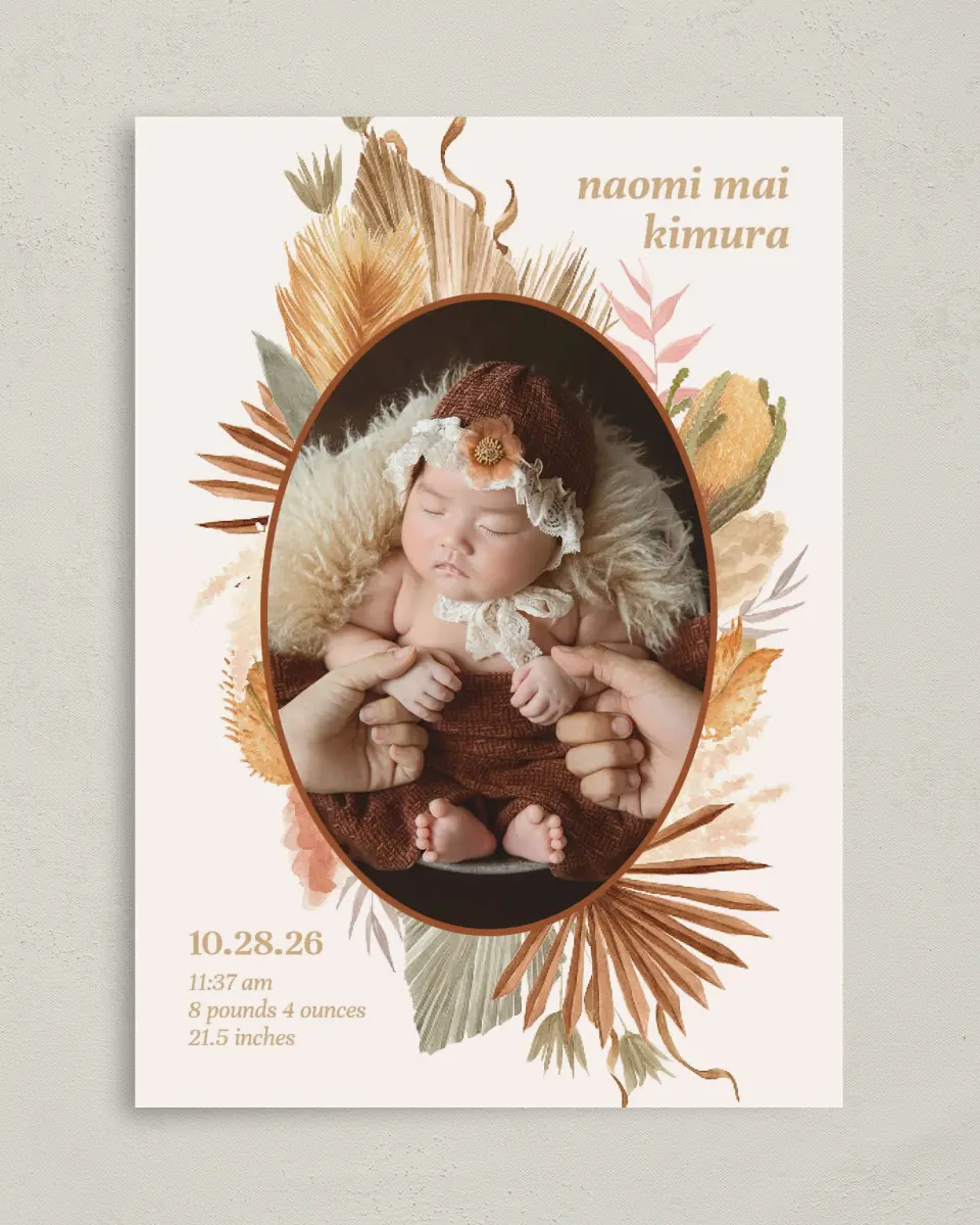 This is a 5" x 7" Birth Announcement Card called Free Spirit printed in full color on Premium Smooth paper
