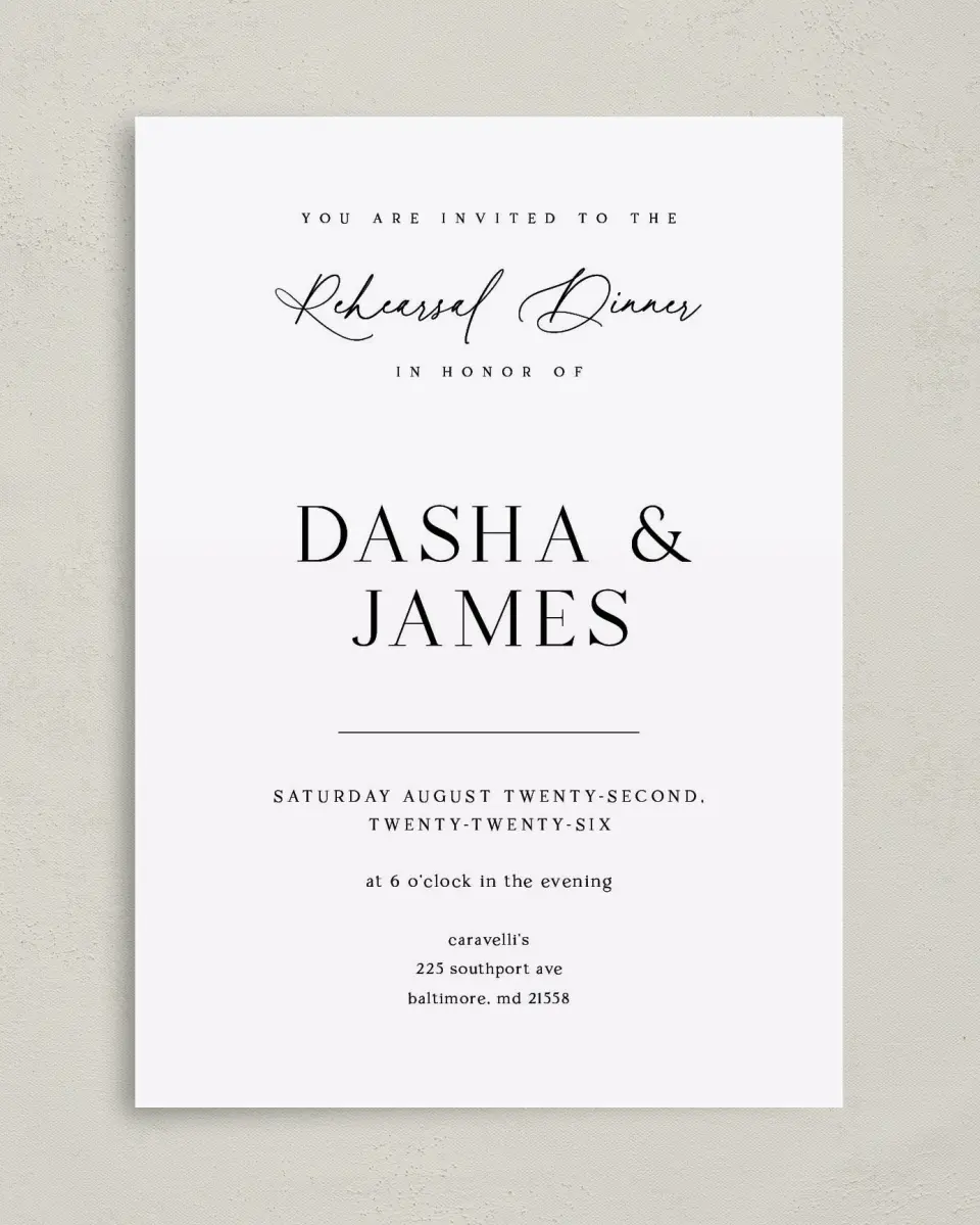 This is a 5" x 7" Rehearsal Dinner Invitation called Sweet & SImple printed in full color with Gold foil on Luxe Satin (coated) paper