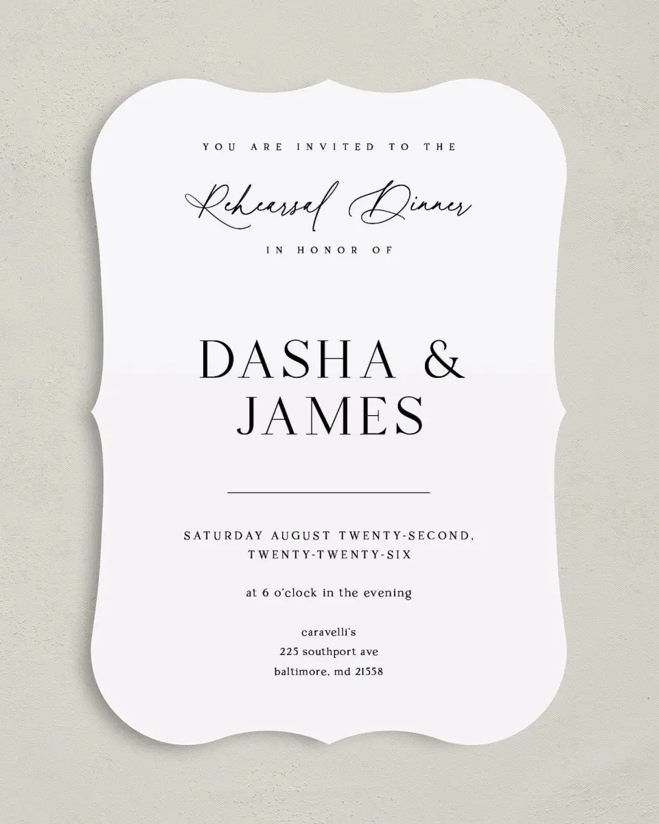 This is a 5" x 7" Rehearsal Dinner Invitation called Sweet & SImple printed in full color on Premium Smooth paper