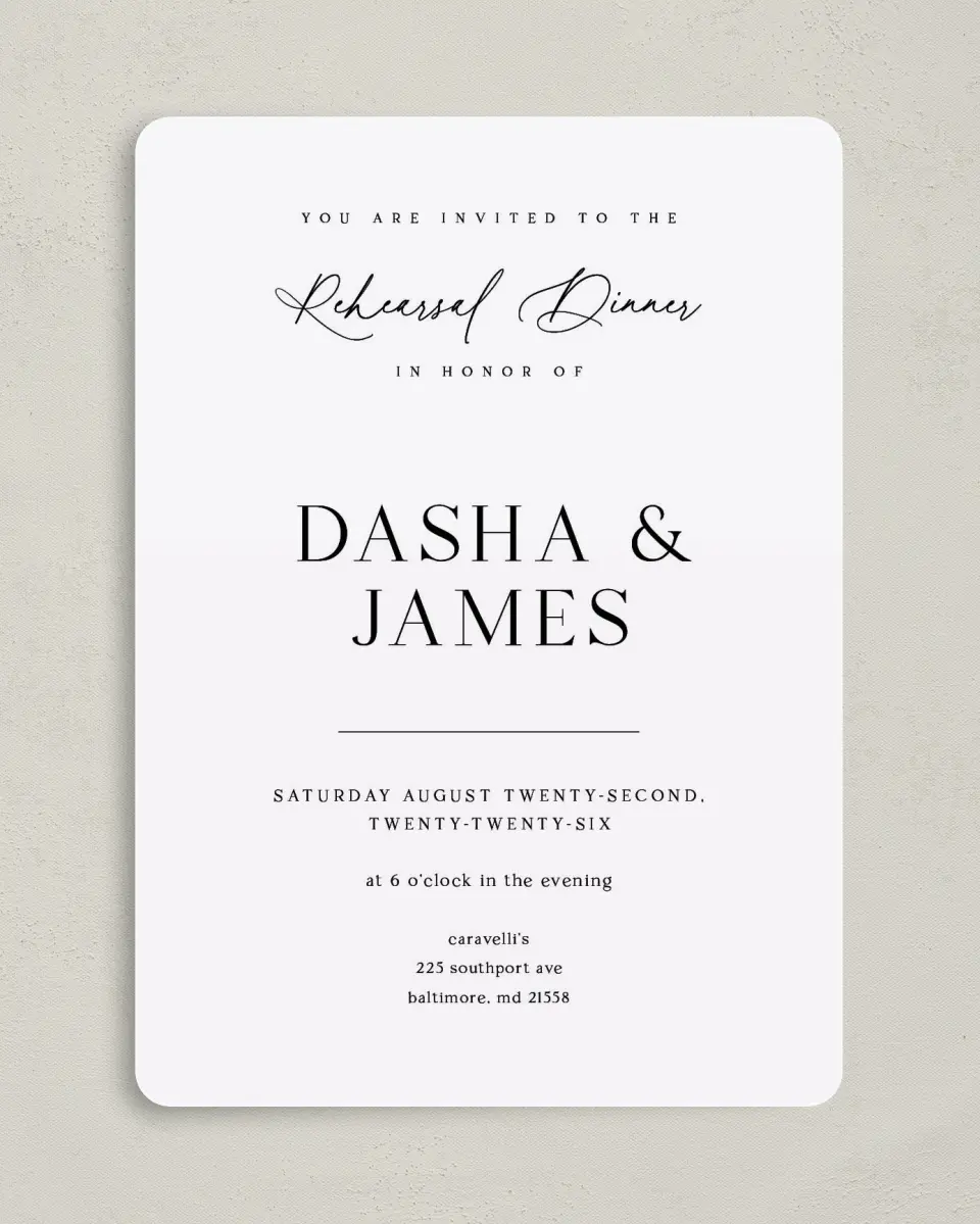 This is a 5" x 7" Rehearsal Dinner Invitation called Sweet & SImple printed in full color on Premium Smooth paper