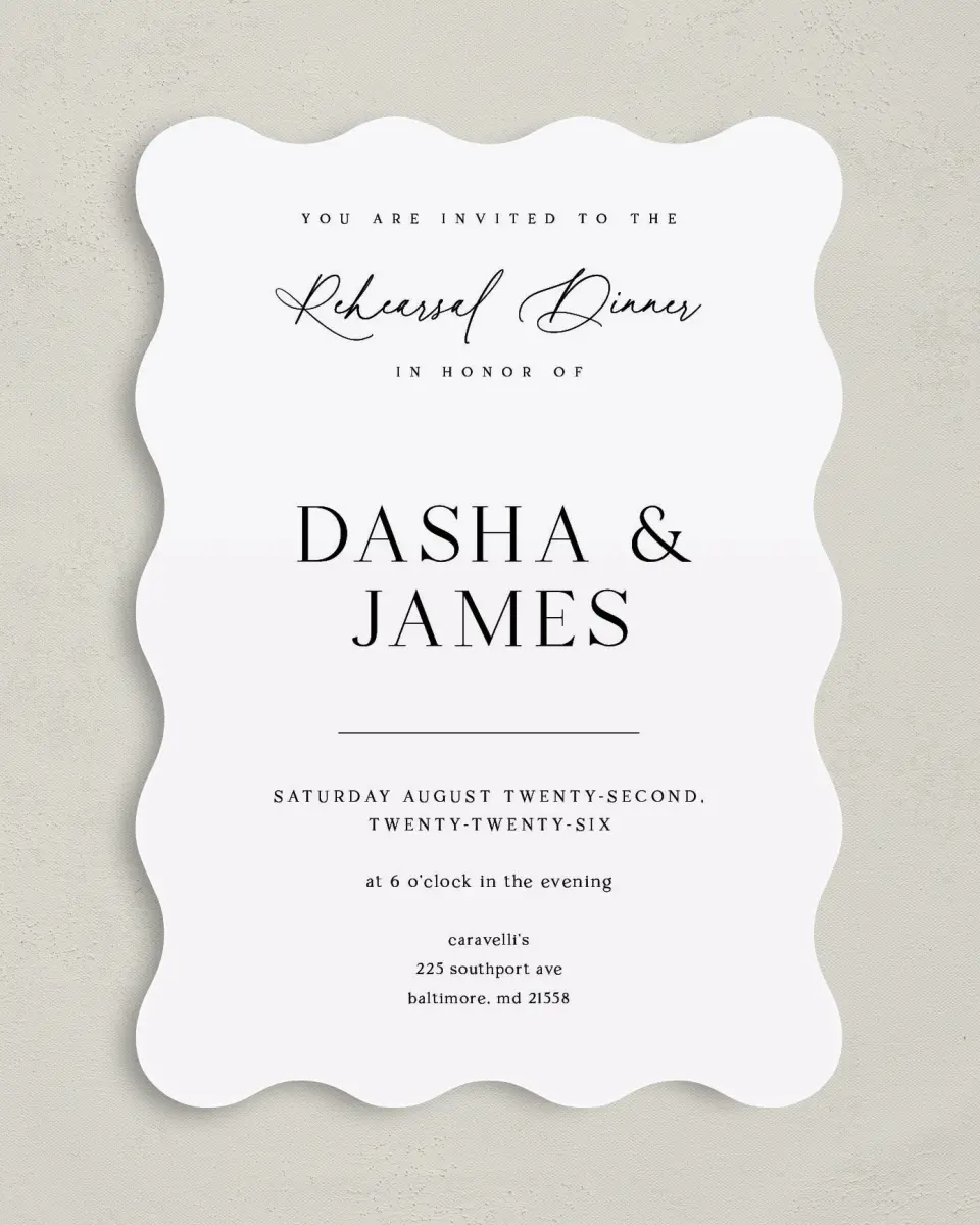 This is a 5" x 7" Rehearsal Dinner Invitation called Sweet & SImple printed in full color on Premium Smooth paper