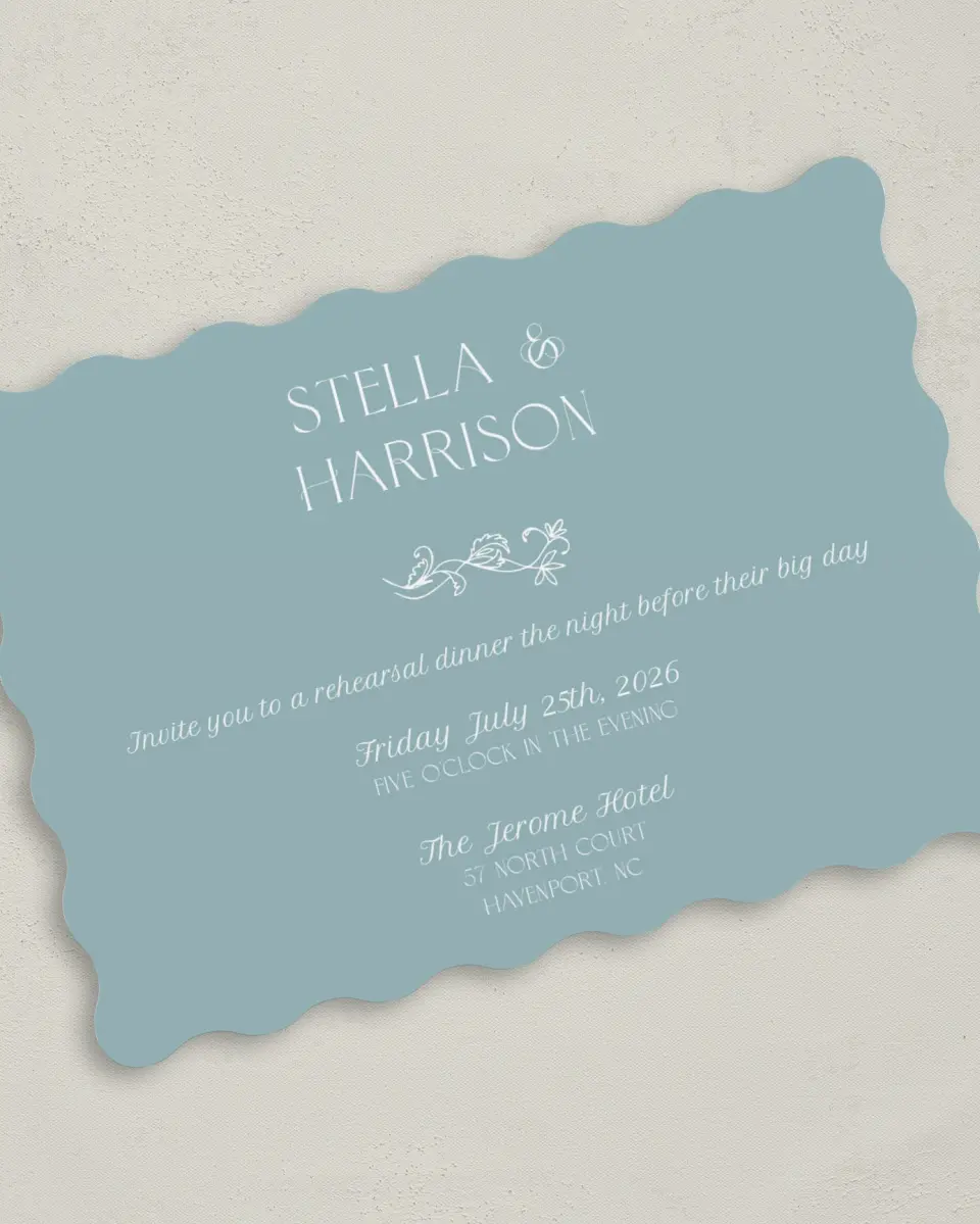 This is a 5" x 7" Rehearsal Dinner Invitation called Just the Start printed in full color on Premium Smooth paper