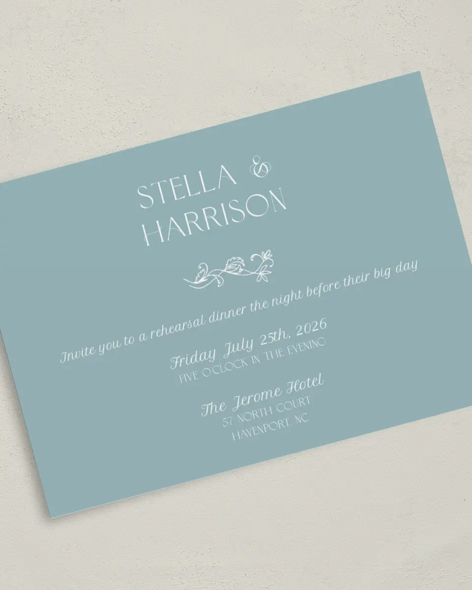 This is a 5" x 7" Rehearsal Dinner Invitation called Just the Start printed in full color on Premium Smooth paper