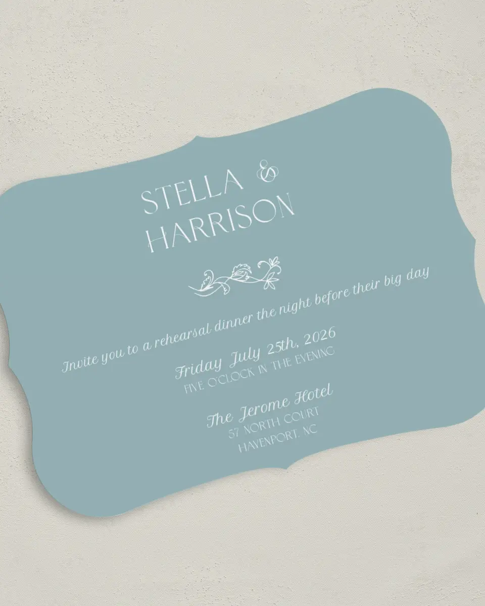 This is a 5" x 7" Rehearsal Dinner Invitation called Just the Start printed in full color with Silver foil on Luxe Satin (coated) paper