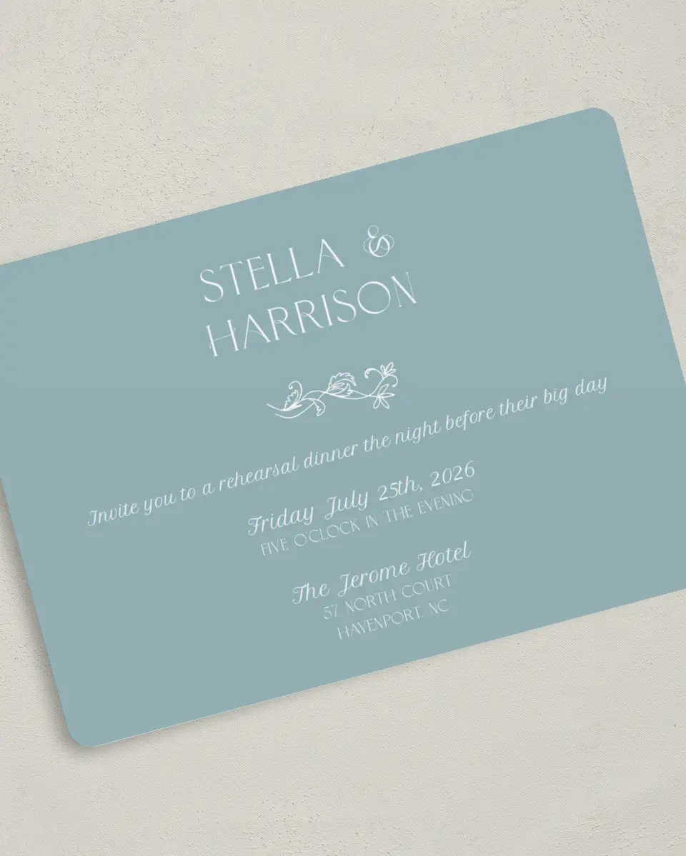 This is a 5" x 7" Rehearsal Dinner Invitation called Just the Start printed in full color on Premium Smooth paper