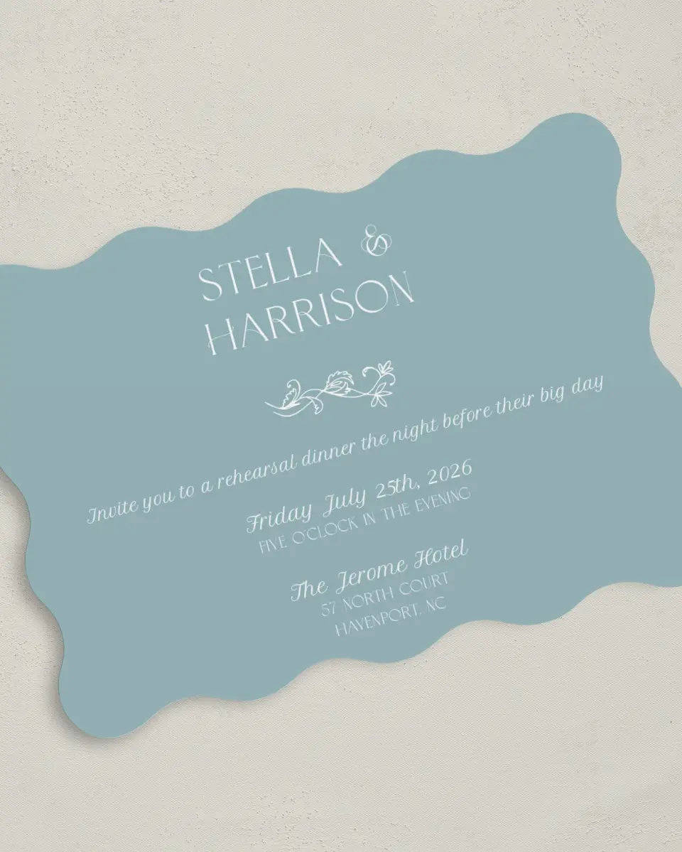 This is a 5" x 7" Rehearsal Dinner Invitation called Just the Start printed in full color on Premium Smooth paper
