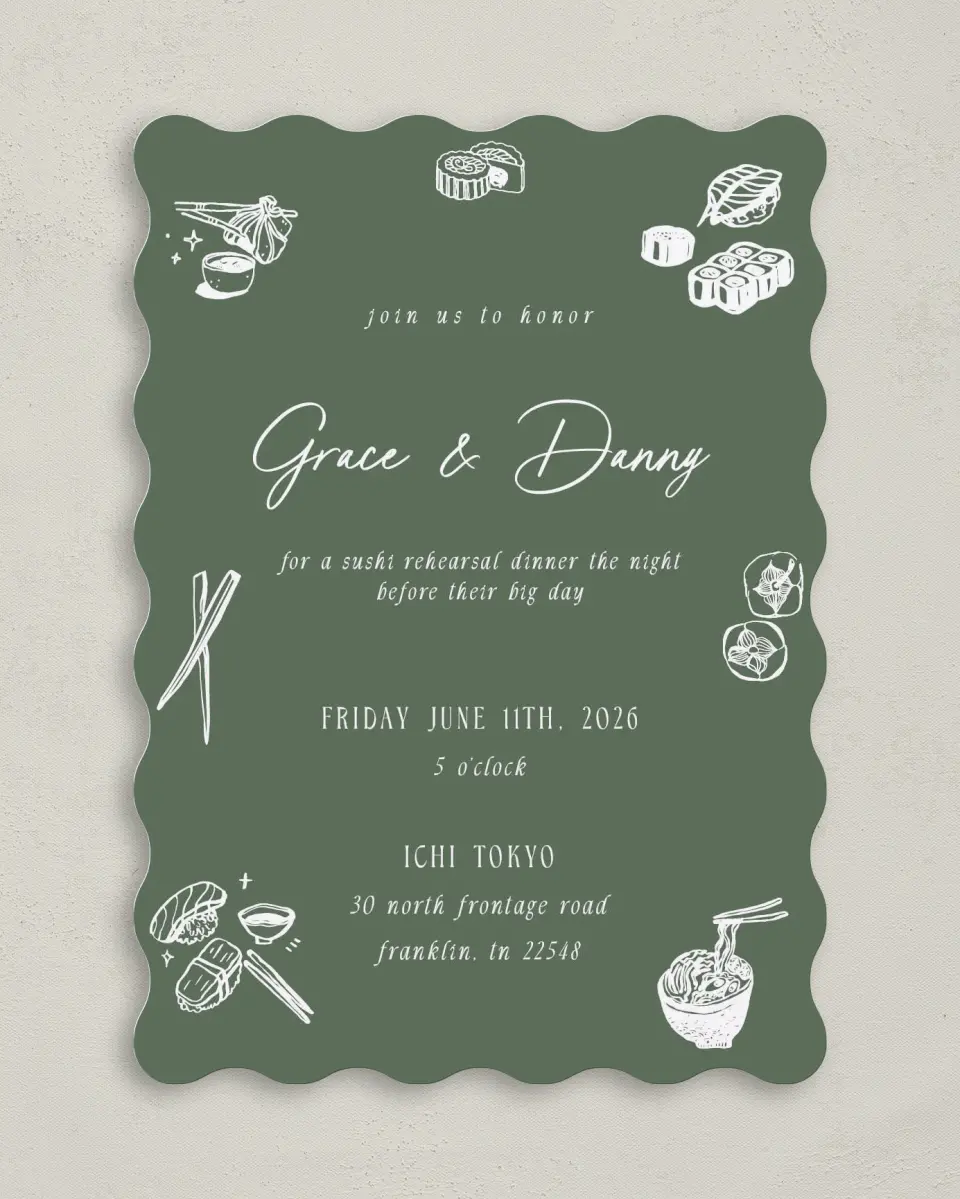 This is a 5" x 7" Rehearsal Dinner Invitation called Graceful Love printed in full color on Premium Smooth paper