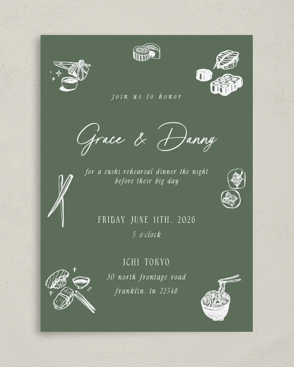 This is a 5" x 7" Rehearsal Dinner Invitation called Graceful Love printed in full color on Premium Smooth paper