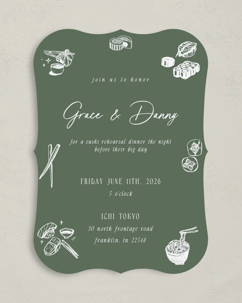 This is a 5" x 7" Rehearsal Dinner Invitation called Graceful Love printed in full color on Premium Smooth paper