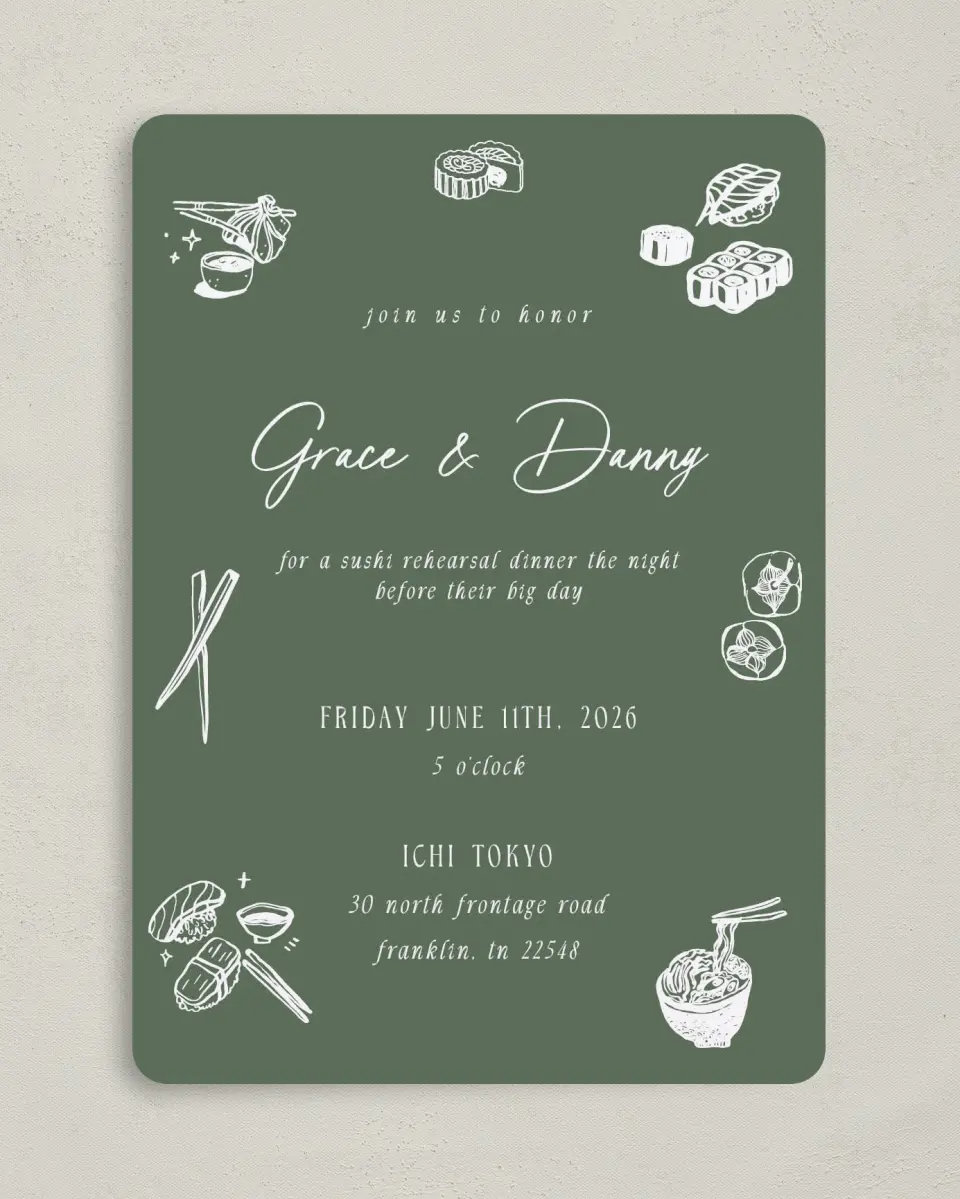 This is a 5" x 7" Rehearsal Dinner Invitation called Graceful Love printed in full color on Premium Smooth paper