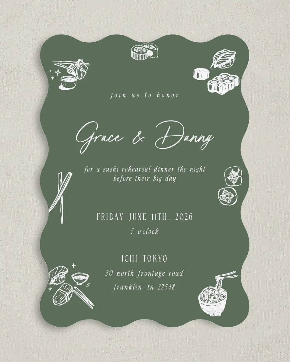 This is a 5" x 7" Rehearsal Dinner Invitation called Graceful Love printed in full color on Premium Smooth paper