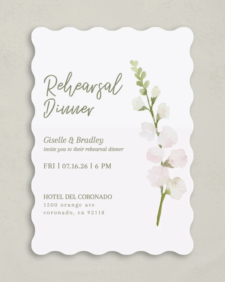This is a 5" x 7" Rehearsal Dinner Invitation called Budding Love printed in full color on Premium Smooth paper