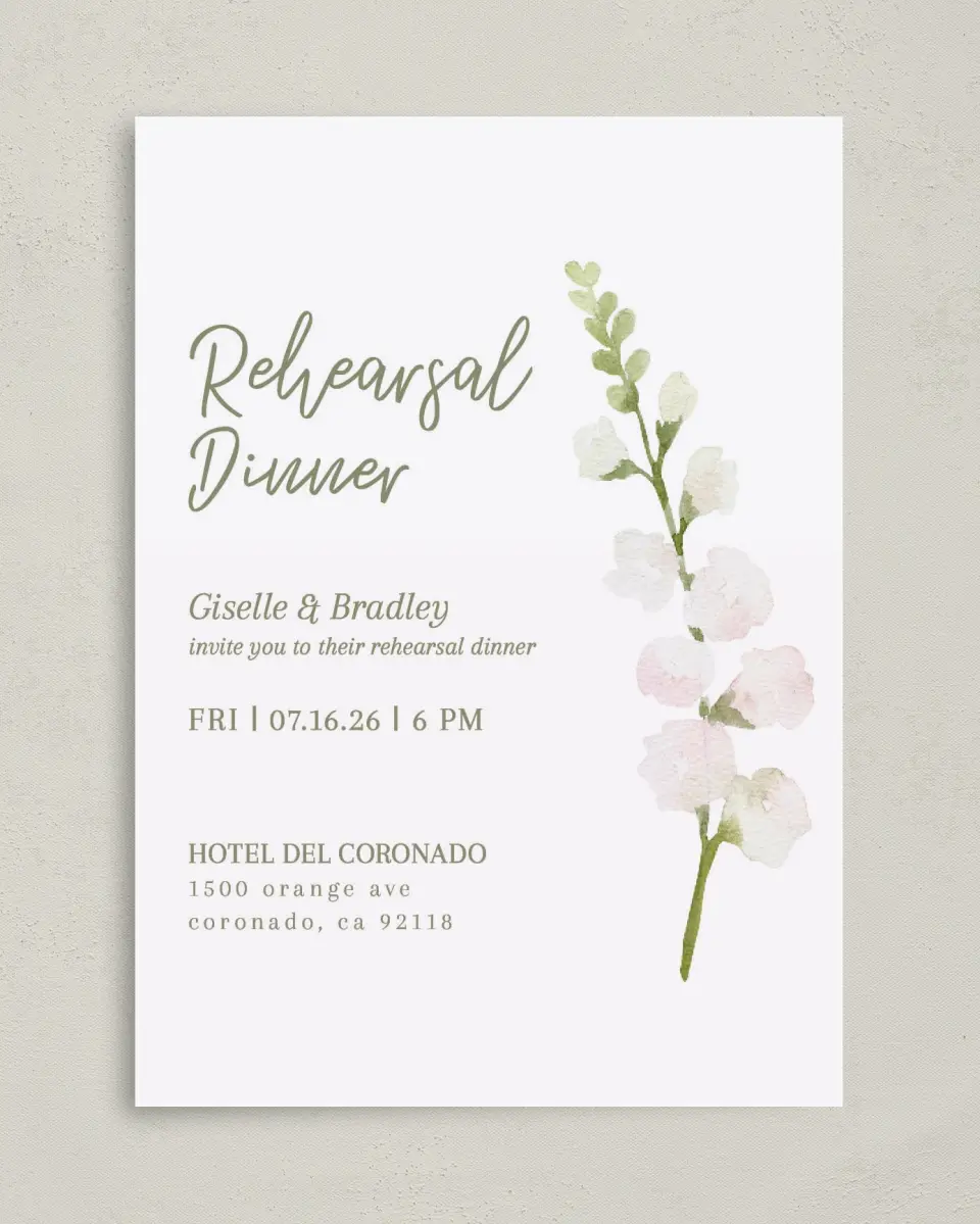 This is a 5" x 7" Rehearsal Dinner Invitation called Budding Love printed in full color with Gold foil on Luxe Satin (coated) paper