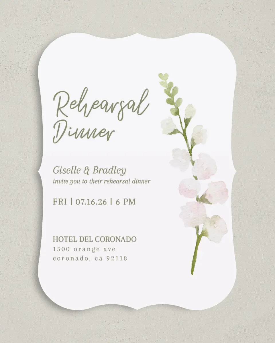 This is a 5" x 7" Rehearsal Dinner Invitation called Budding Love printed in full color on Premium Smooth paper