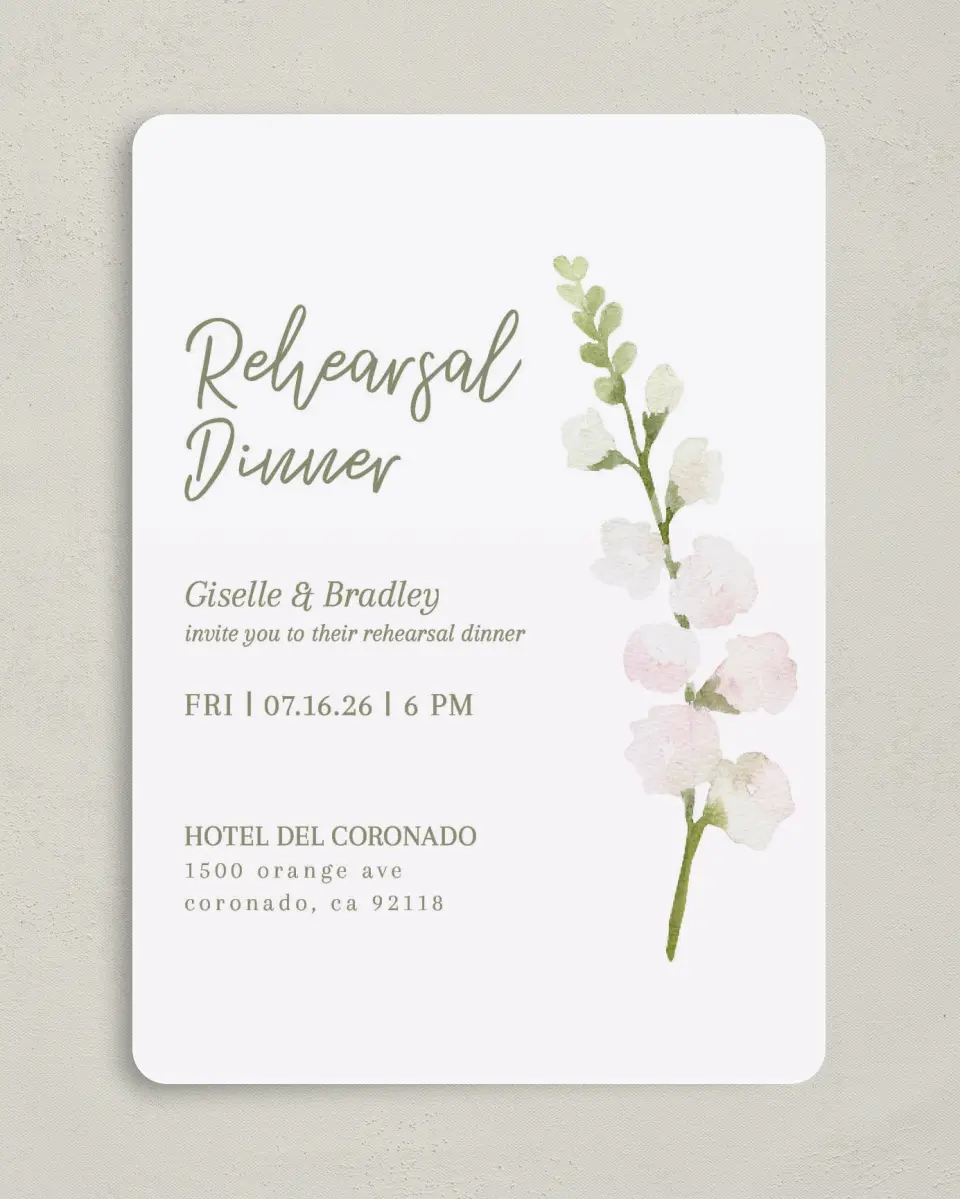This is a 5" x 7" Rehearsal Dinner Invitation called Budding Love printed in full color on Premium Smooth paper
