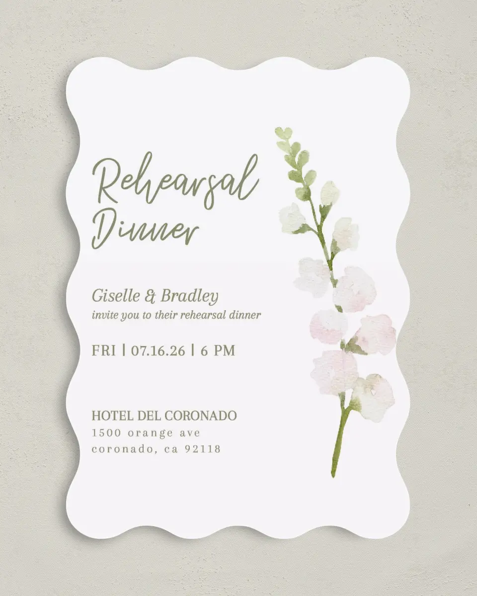 This is a 5" x 7" Rehearsal Dinner Invitation called Budding Love printed in full color on Premium Smooth paper