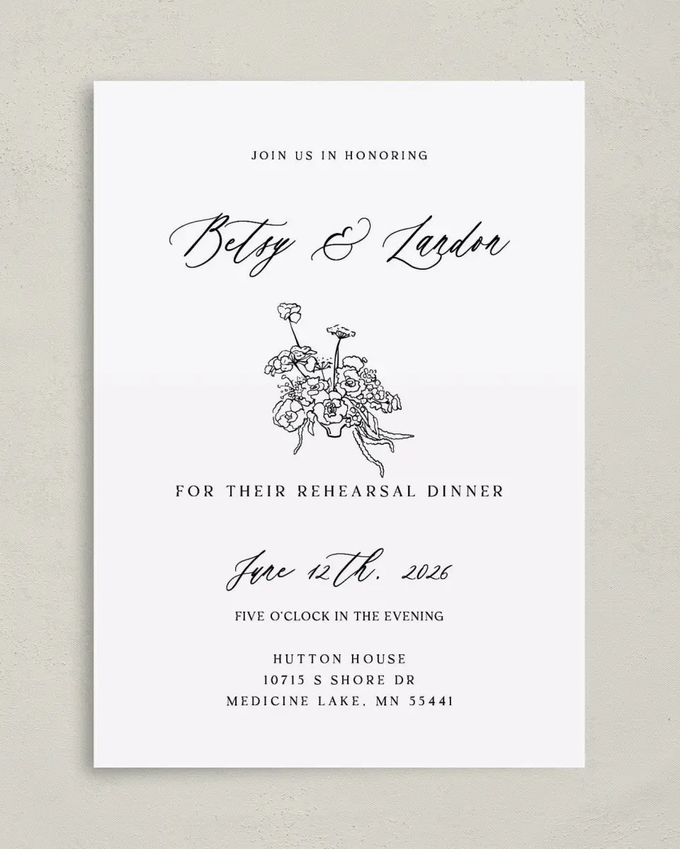 This is a 5" x 7" Rehearsal Dinner Invitation called Forever Florals printed in full color with Gold foil on Luxe Satin (coated) paper
