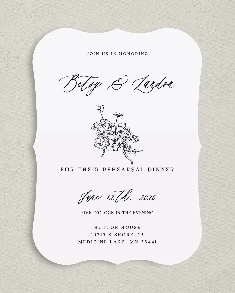 This is a 5" x 7" Rehearsal Dinner Invitation called Forever Florals printed in full color on Premium Smooth paper