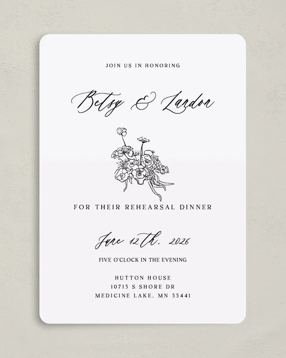 This is a 5" x 7" Rehearsal Dinner Invitation called Forever Florals printed in full color on Premium Smooth paper