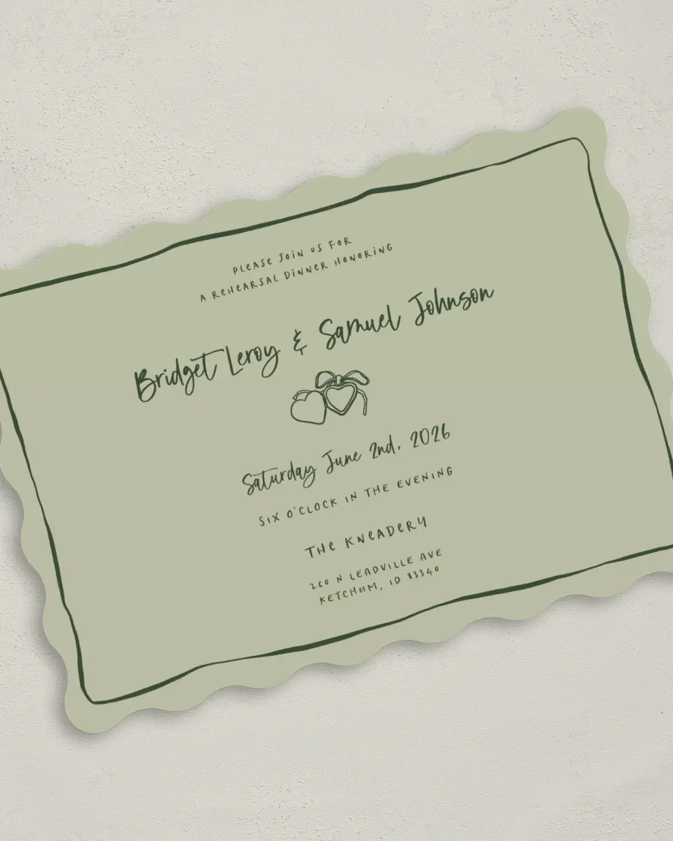 This is a 5" x 7" Rehearsal Dinner Invitation called Love Honored printed in full color on Premium Smooth paper