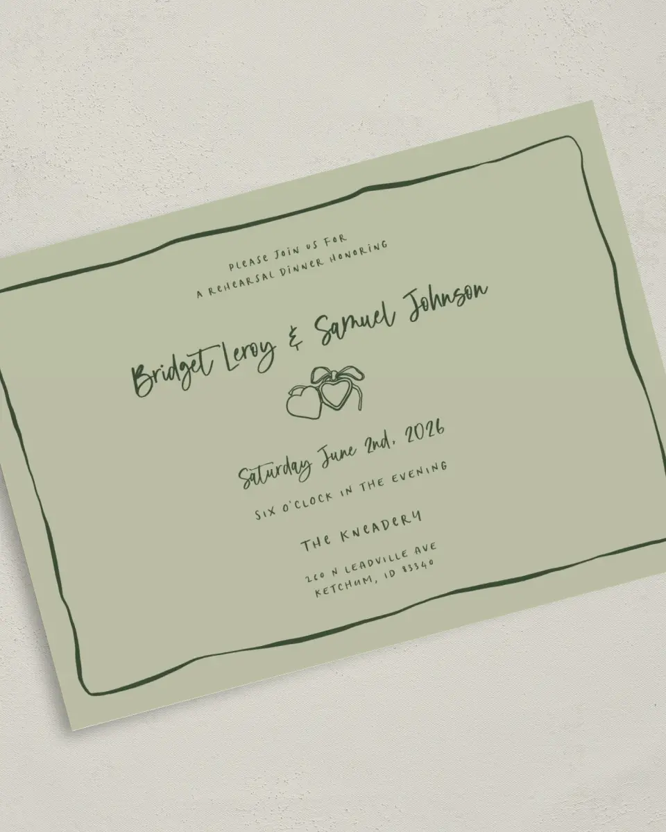 This is a 5" x 7" Rehearsal Dinner Invitation called Love Honored printed in full color on Premium Smooth paper