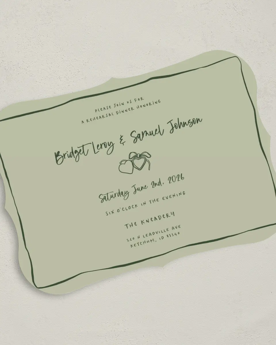 This is a 5" x 7" Rehearsal Dinner Invitation called Love Honored printed in full color on Premium Smooth paper
