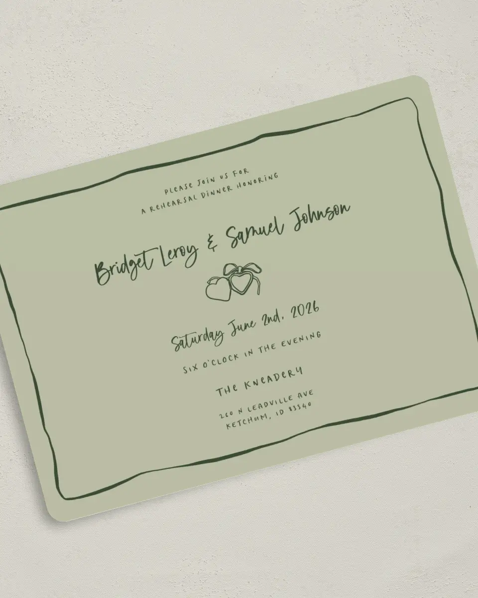This is a 5" x 7" Rehearsal Dinner Invitation called Love Honored printed in full color on Premium Smooth paper
