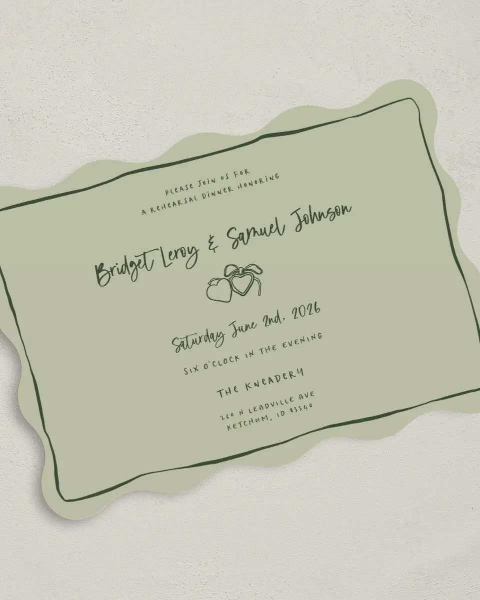This is a 5" x 7" Rehearsal Dinner Invitation called Love Honored printed in full color on Premium Smooth paper