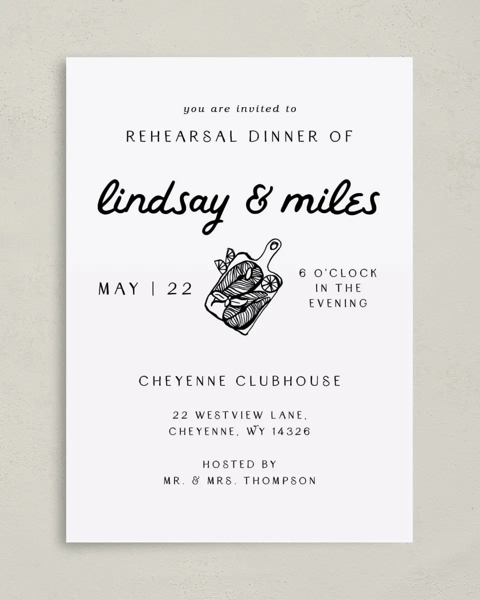 This is a 5" x 7" Rehearsal Dinner Invitation called Feels Like Home printed in full color with Gold foil on Luxe Satin (coated) paper