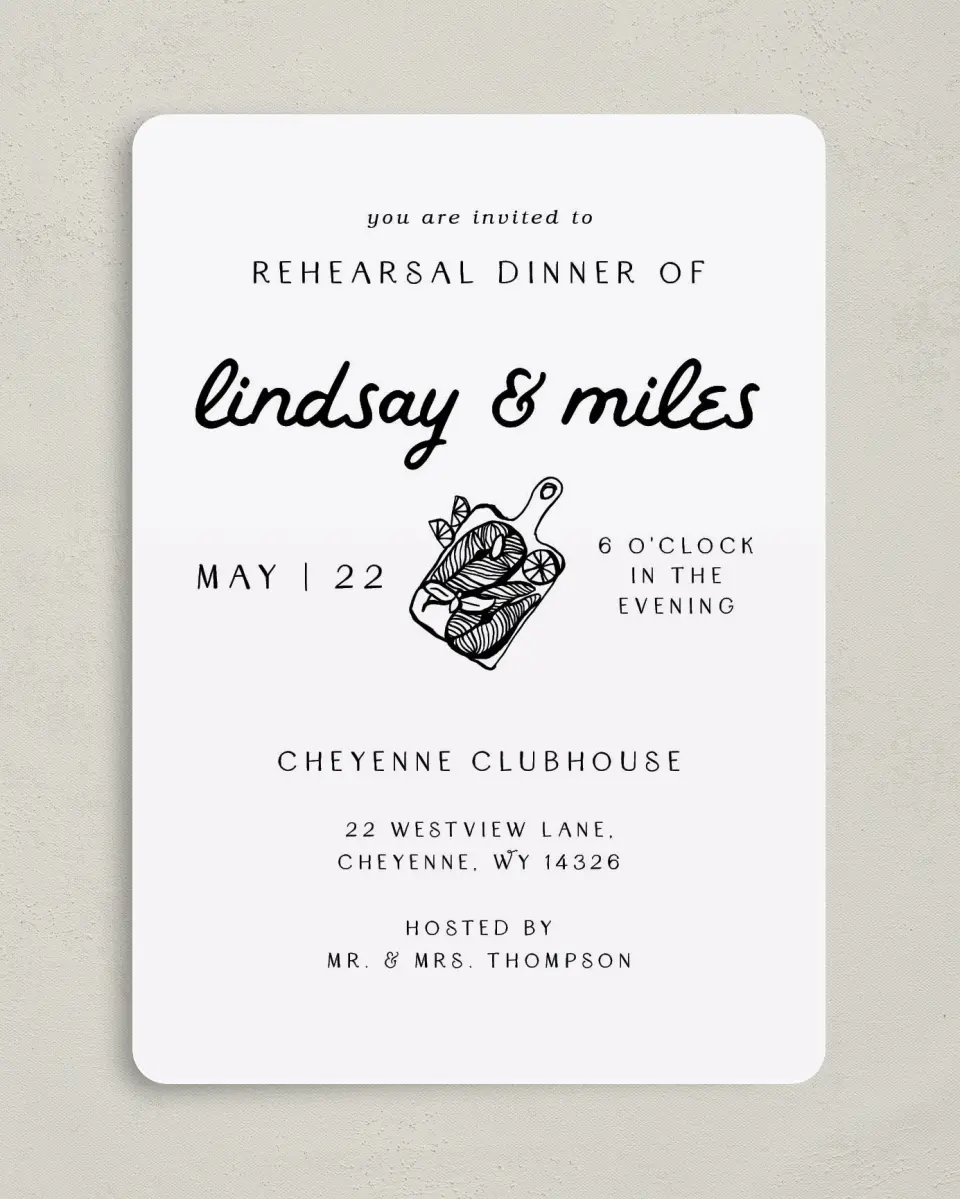 This is a 5" x 7" Rehearsal Dinner Invitation called Feels Like Home printed in full color on Premium Smooth paper