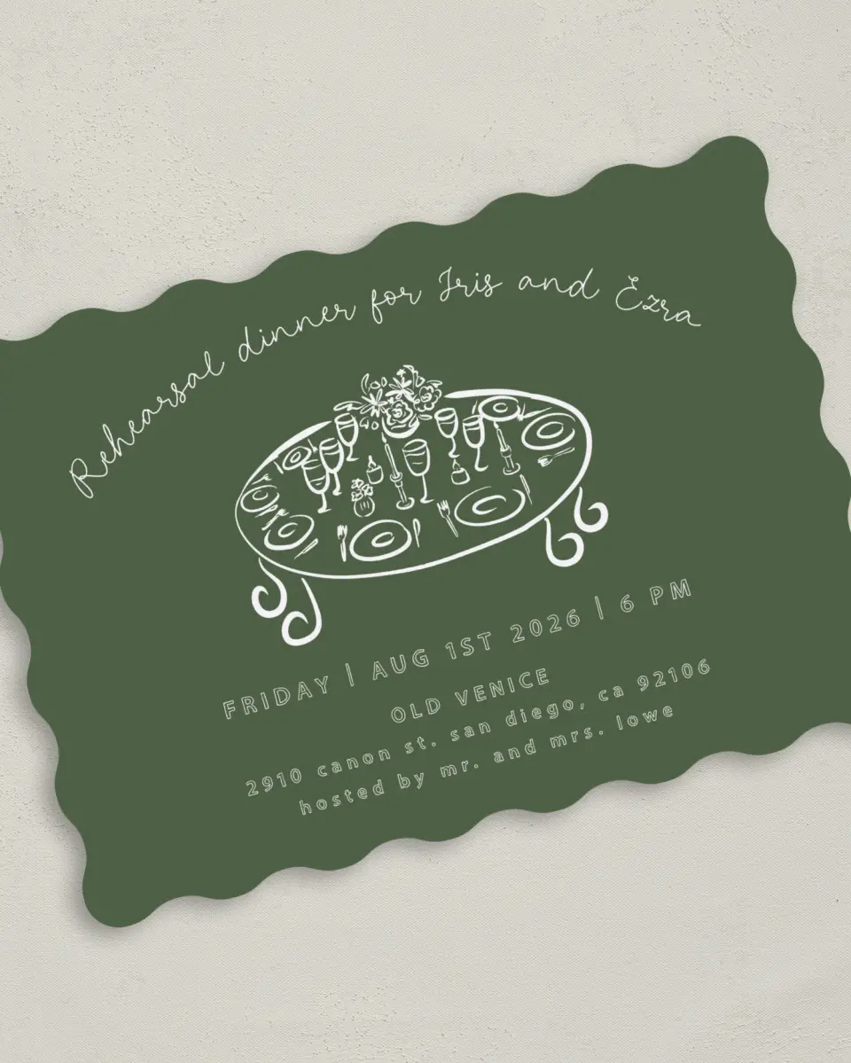 This is a 5" x 7" Rehearsal Dinner Invitation called Grand Gathering printed in full color on Premium Smooth paper