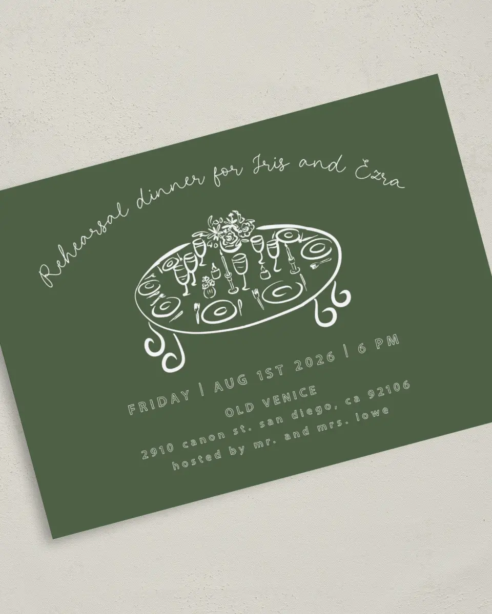 This is a 5" x 7" Rehearsal Dinner Invitation called Grand Gathering printed in full color on Premium Smooth paper
