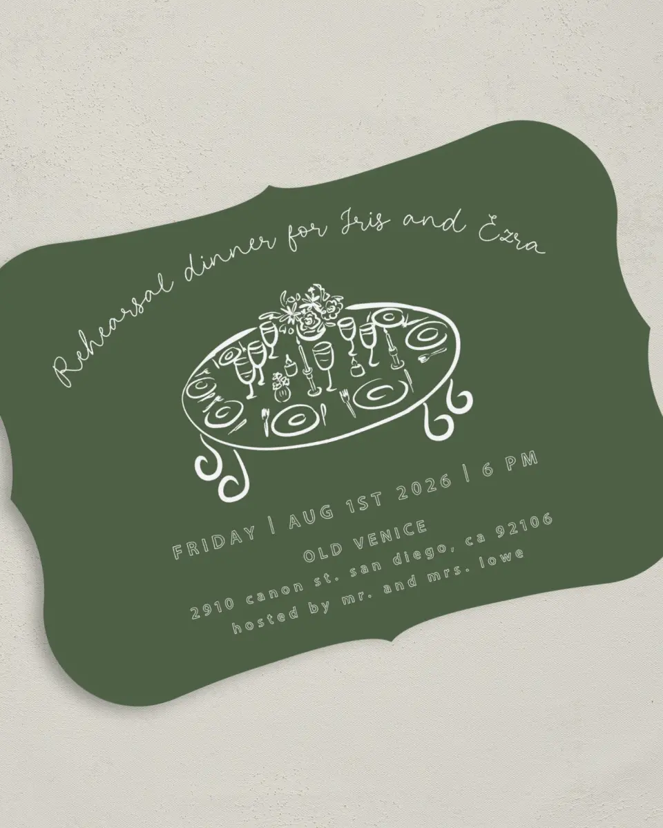 This is a 5" x 7" Rehearsal Dinner Invitation called Grand Gathering printed in full color on Premium Smooth paper