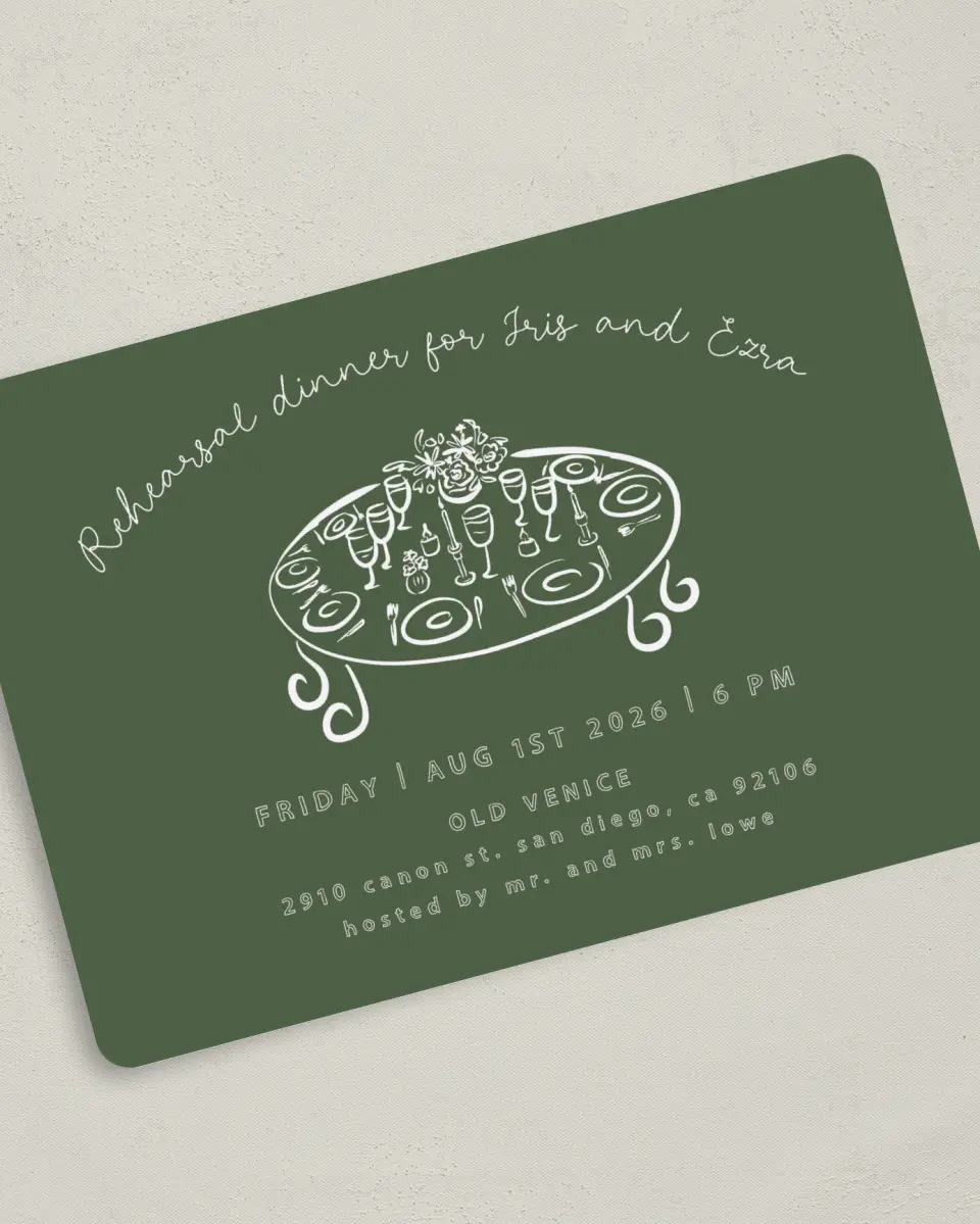 This is a 5" x 7" Rehearsal Dinner Invitation called Grand Gathering printed in full color on Premium Smooth paper
