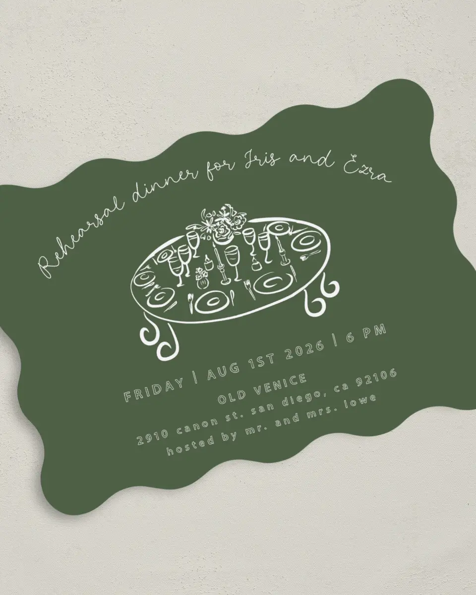 This is a 5" x 7" Rehearsal Dinner Invitation called Grand Gathering printed in full color on Premium Smooth paper