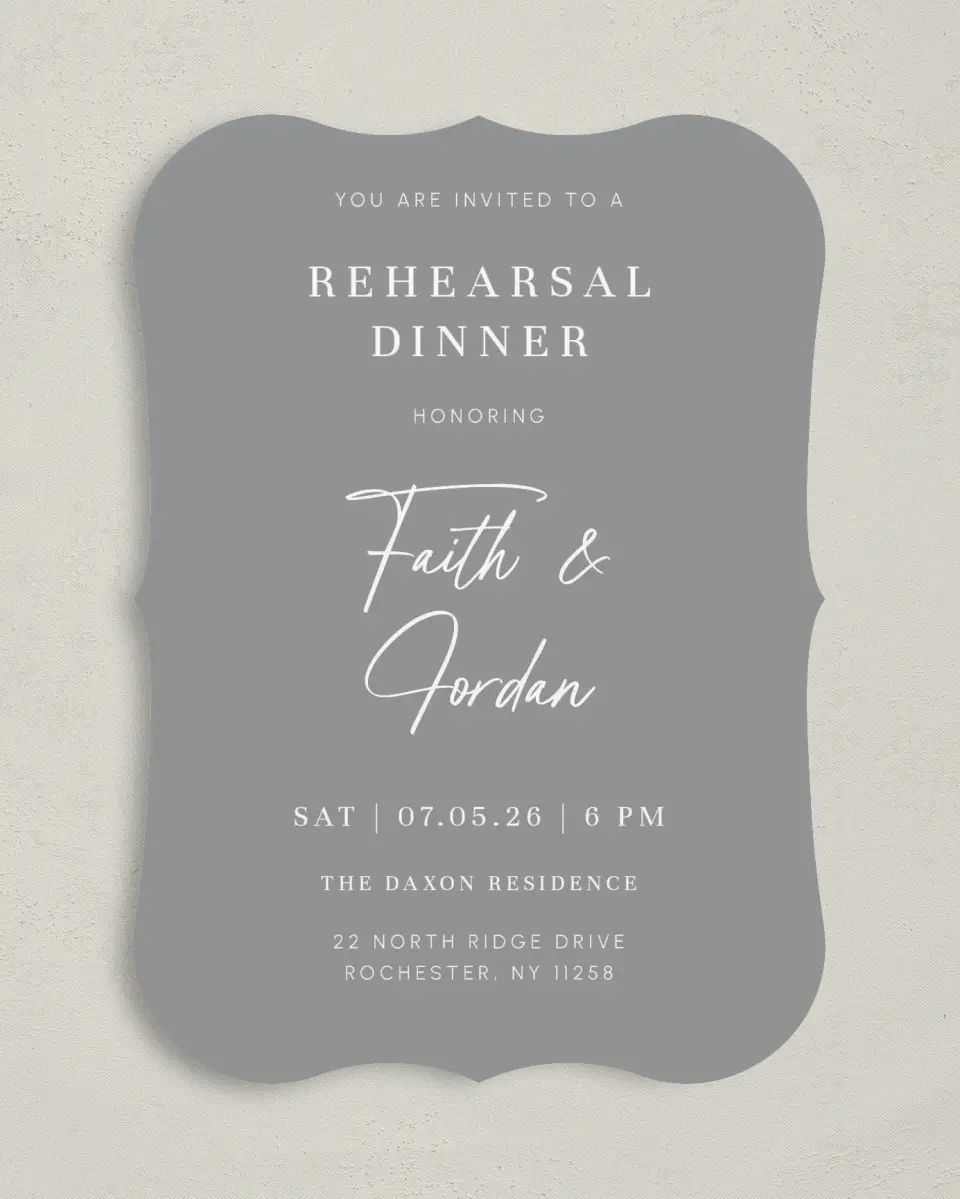 This is a 5" x 7" Rehearsal Dinner Invitation called Deep Devotion printed in full color on Premium Smooth paper