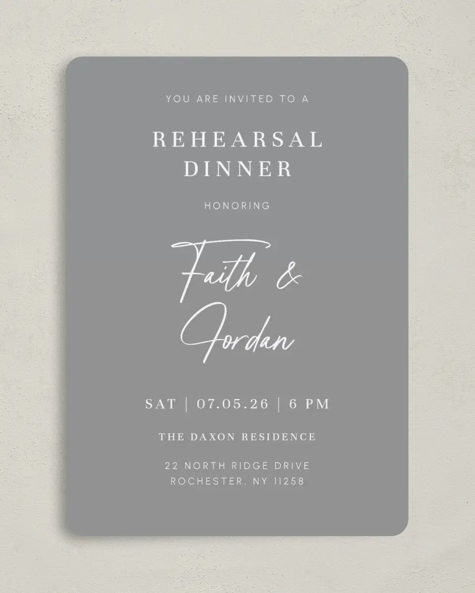 This is a 5" x 7" Rehearsal Dinner Invitation called Deep Devotion printed in full color on Premium Smooth paper